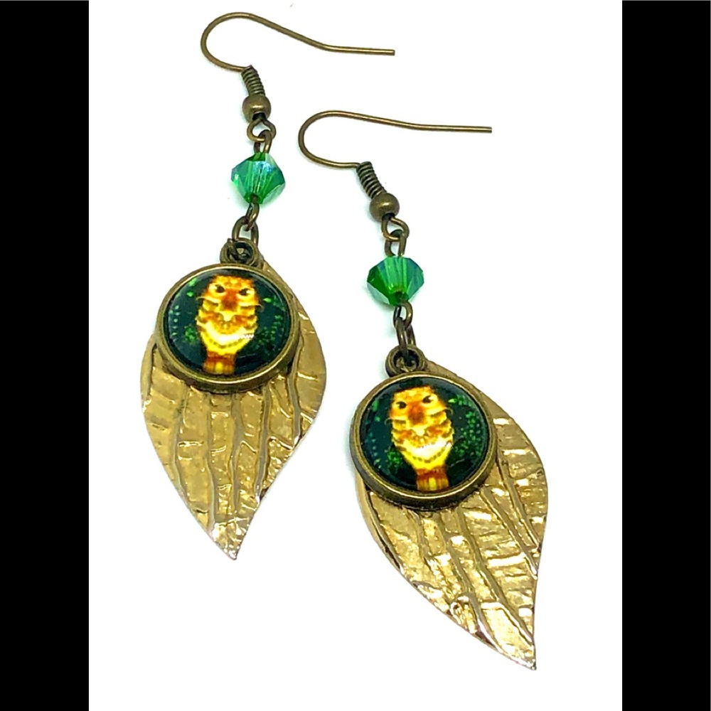 Yellow Orange Black Owl Glass Bronze Cabochon Brass Leaf Green Crystal Earrings